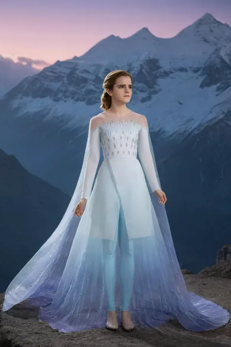 full body shot of elsa (emma watson) in her intricate aht0hallanDr3ss pretending against frozen mountains of arendelle by night under the soft glow of the moon <lora:aht0hallanDr3ss:1> <lora:emmaWatson:1> . 35mm photograph, film, bokeh, professional, shot by shirin neshat, 4k, highly detailed