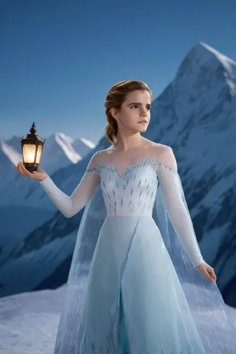 full body shot of elsa (emma watson) in her intricate aht0hallanDr3ss propping against frozen mountains of arendelle by night under the soft glow of the moon <lora:aht0hallanDr3ss:0.8> <lora:emmaWatson:1> . 35mm photograph, film, bokeh, professional, shot by jerry uelsmann, 4k, highly detailed