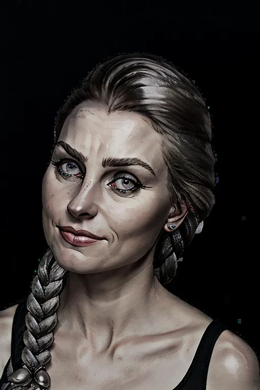 portrait of skswoman, coy , closeup, wearing grey tank top , with braided, hair , background blue gradient (photo, studio lighting, hard light, sony a7, 50 mm, matte skin, pores, colors, hyperdetailed, hyperrealistic), <lora:kate tinny bunny:1>