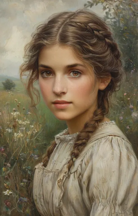 masterpiece,best quality,<lora:tbh136-sdxl:0.85>,portrait of woman,illustration,style of Helen Allingham,