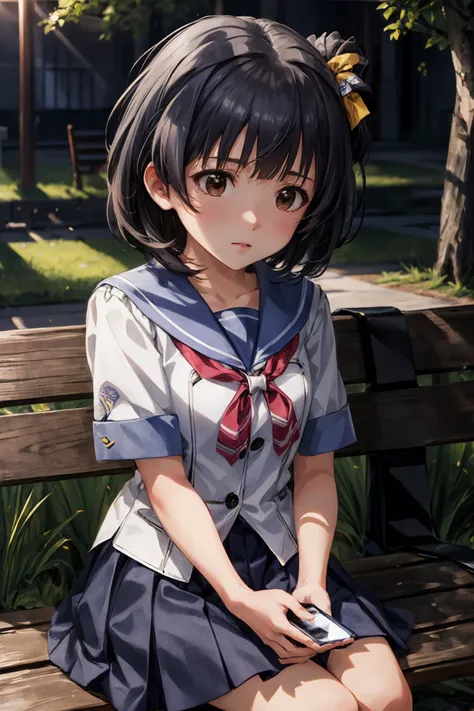 <lora:iku nakatani (million live):0.85>, iku nakatani (million live), wearing a white and blue sailor schoolgirl outfit, ribbon bow, (sitting on a park bench), (holding a smartphone in her hand), ((looking down at her smartphone:1.3)), bored expression, black hair, brown eyes, hair ornament, short hair, full body, cowboy shot, blue skirt,
BREAK
, ((masterpiece, best quality)), 8k, cinematic angle, shiny skin, shiny hair, detailed eyes, anime screenshot,
