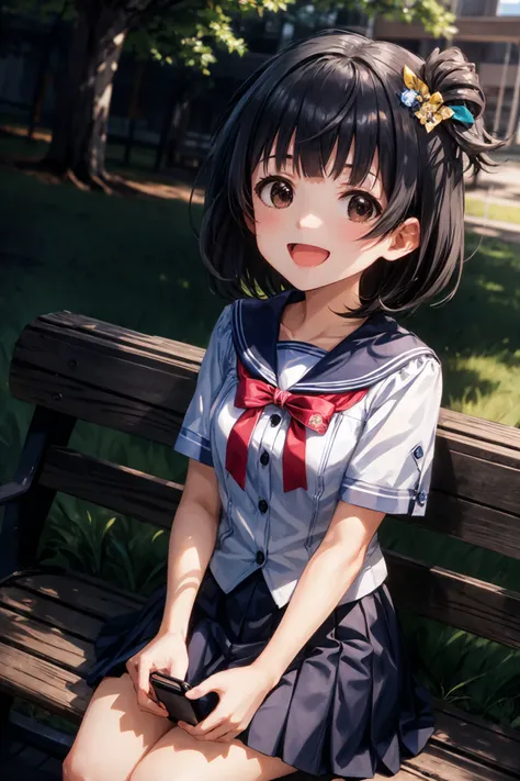 Anime girl sitting on a bench with a cell phone in her hand - SeaArt AI