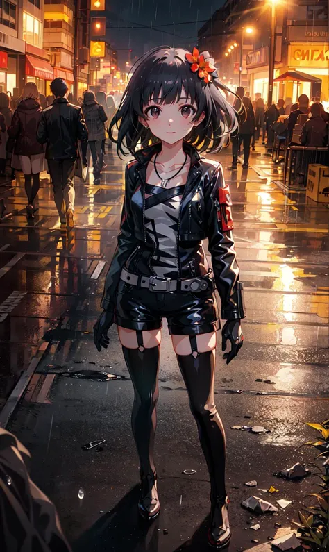 iku nakatani (million live),
(best quality, 8K, masterpiece, ultra detailed:1.2), cinematic angle, light particles, sparkle, (wide shot, depth of field:1.2), blurry, light rays, lens flare, backlighting, shadow,
outdoor, cold, (rain), street, neon light, night, (cyberpunk), LED, cityscape, crosswalk, cold and industrial, high technology, power lines, reflective floor, wet floor, dim lights,
1girl, solo, shiny skin, cool, slight smile, collarbone, floating hair, standing, full body,
(agent:1.2), black gloves, garter straps, jewelry, looking at viewer, black leather jacket, long sleeves, short black shorts, cropped jacket, buckle, zipper, black thighhighs, closed jacket, (latex bodysuit), black leather belt,
earrings, hair bobbles, hair flower, necklace