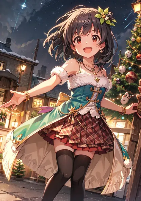 iku nakatani (million live),
(best quality, 8K, masterpiece, ultra detailed:1.2), cinematic angle, light particles, sparkle, (wide shot, depth of field:1.2), blurry, light rays, lens flare,
outdoor, (busy street), neon light, night, christmas, holy night, christmas tree, christmas decorations, snow, snowflake, reflective floor, wet floor, beautiful clouds, gradient sky, constellation, starry sky, shooting star, colorful lights,
1girl, solo, shiny skin, smile, cute, happy, slight smile, collarbone, floating hair, standing, full body,
winter coat, pleated skirt, print layered skirt,
ribbon, bow, earrings, bracelet, armlet, white thighhighs, hair bobbles, hair flower, necklace