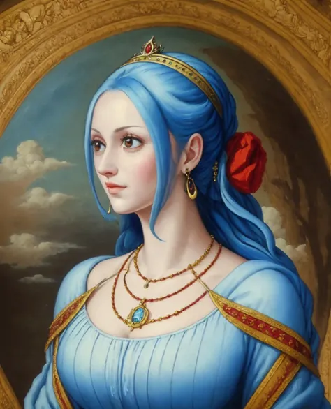 Masterpiece, absurdres, fine detail,(classical_oil_painting:1.4),muted colors,1girl  <lora:Vivi:0.65>, blue hair, loop earrings, close up, portrait, necklace, earrings, crown , long hair, looking away, detailed red dress,embroidery, makeup