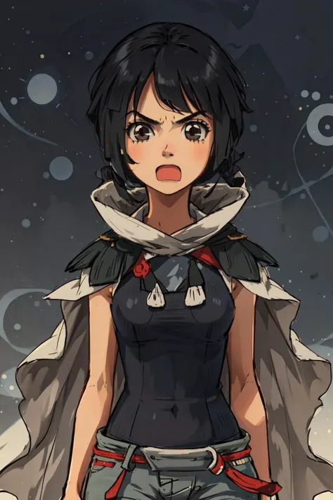 (masterpiece, best quality), intricate details,
1girl, solo, <lora:ZinniaLora:0.8> Zinnia /(pokemon/), grey shorts, black shirt, sleeveless, cape,
<lora:seizonsenryaku:1> seizonsenryaku,