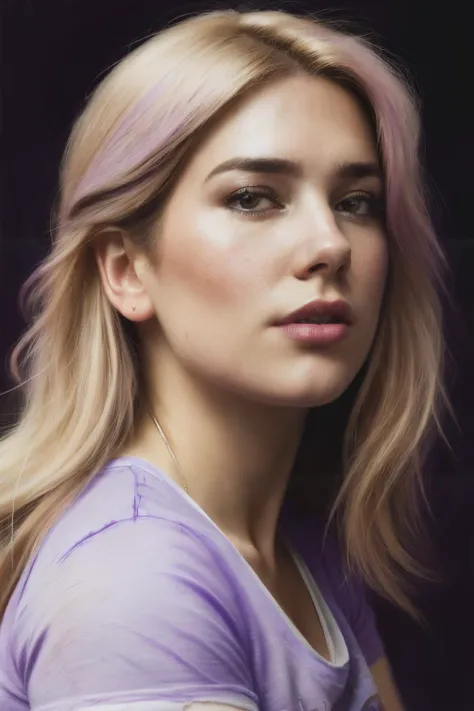 portrait photo of dlp,(purple t shirt), (dirty blonde hair), alluring portrait, intricate, highly detailed, digital painting, artstation, concept art, naughty, sharp focus, cinematic lighting, illustration, art by artgerm and greg rutkowski, alphonse mucha, cgsociety, <lyco:DuaLipa-RealVision-V1.0:1.0>