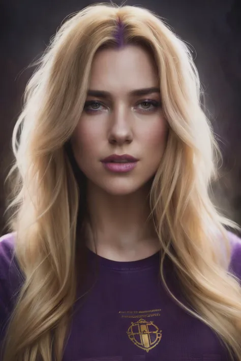 portrait photo of dlp,(purple t shirt), (dirty blonde hair), alluring portrait, intricate, highly detailed, digital painting, artstation, concept art, naughty, sharp focus, cinematic lighting, illustration, art by artgerm and greg rutkowski, alphonse mucha, cgsociety, <lyco:DuaLipa-RealVision-V1.0:1.0>