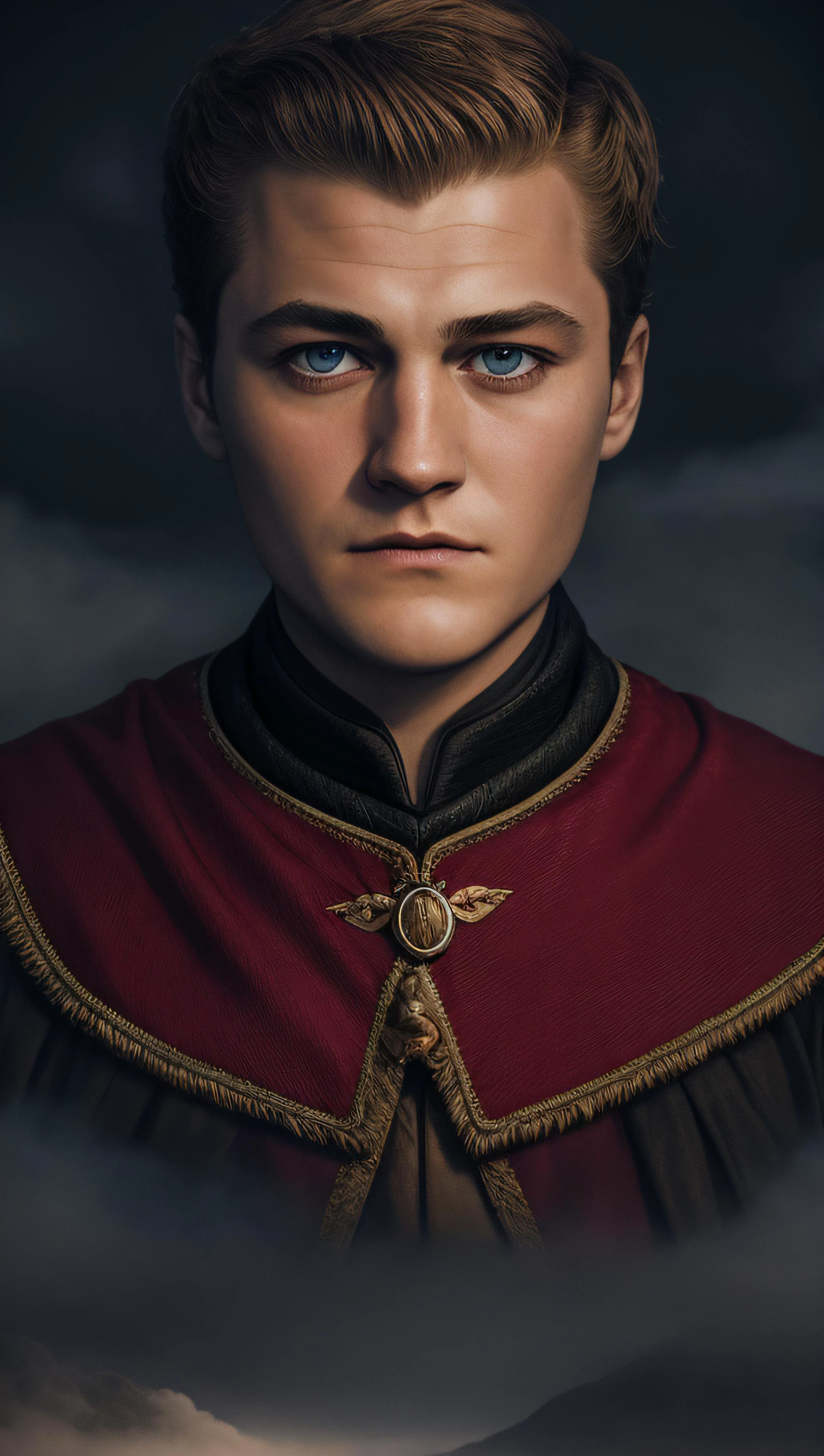 solo,Game of Thrones 1king joffrey,shattered,dark mood,clear sky,Heavy_fog,8k,(high king joffrey Details:0.50) (Focus on the character:0.9),(blur background:0.9),(hands down:0.50) ( full color vibrant:0.9),