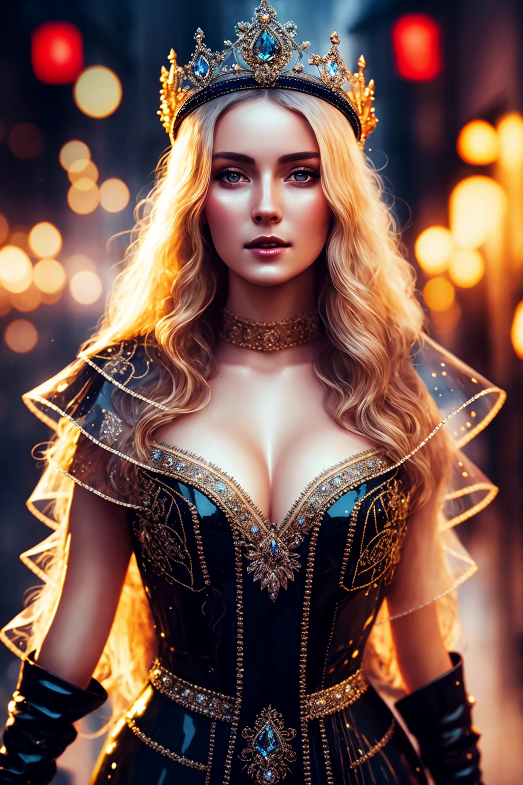 (extremely detailed CG unity 8k wallpaper), a beautiful young woman in the rain, wet, wearing crown and veil, medieval streets with lanterns, nsfw, Style-Glass, full_body_shot, soft lighting, backlit, volumetric lighting, detailed face, highly detailed, painting