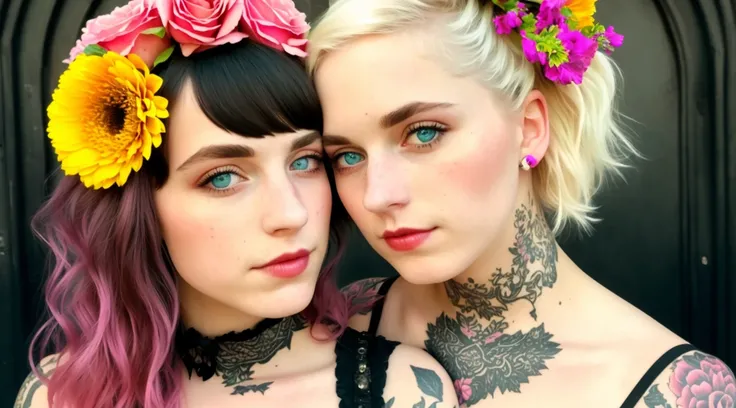 a detailed painting of girls with sprigs and flowers in her hair. wearing corset frills, black-white-pink-silver-yellow colors, full dynamic color, close up character, intricate punk woman with runic face tattoos, almost kiss, hug, almost kissing breasts, short blonde hair, in a shadowed archway, medieval, urban, alley, night, clear eyes, pretty eyes, greeneyed