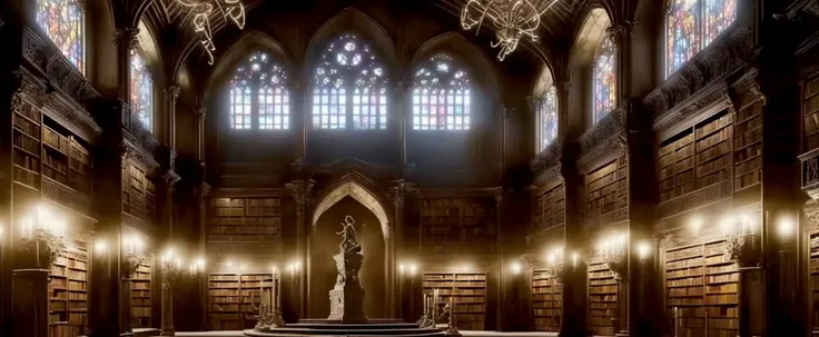 (spooky) photography of arcane magical (library), abandoned intricate detail, many levels, (spooky), dusty. ((((statue))) (female girl woman)), close up middle ages, medieval, (nude, wings), podium, jewelry, (realistic:1.3), masterpiece, high quality, realistic lighting, lamps, 8k, hdr, painted ceiling, (broken windows), ((ritual pentagram floor molten glowing altar)) circle, steampunk