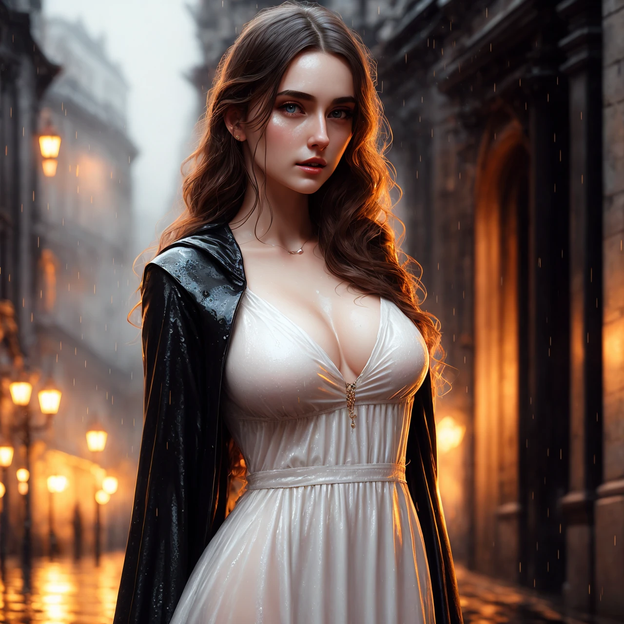 (extremely detailed CG unity 8k wallpaper), a beautiful young woman in the rain, wet, sundress, medieval streets, [nsfw], full_body_shot, soft lighting, backlit, bright lighting, volumetric lighting, detailed face, sharp focus, highly detailed, painting