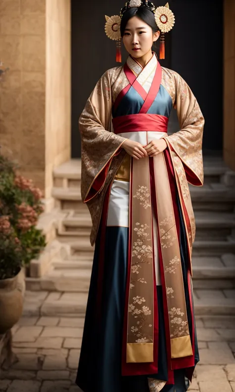 ((full body shot)) photo of beautiful chinese concubine in hanfu, with a brilliant, impossible striking headpiece, dramatic studio lighting, (((iridecent))),(((holographic))), mirrors, trending on ArtStation, CGSociety, Intricate, High Detail, Sharp focus, dramatic, photorealistic painting art by greg Rutkowski, chinese ancient city background