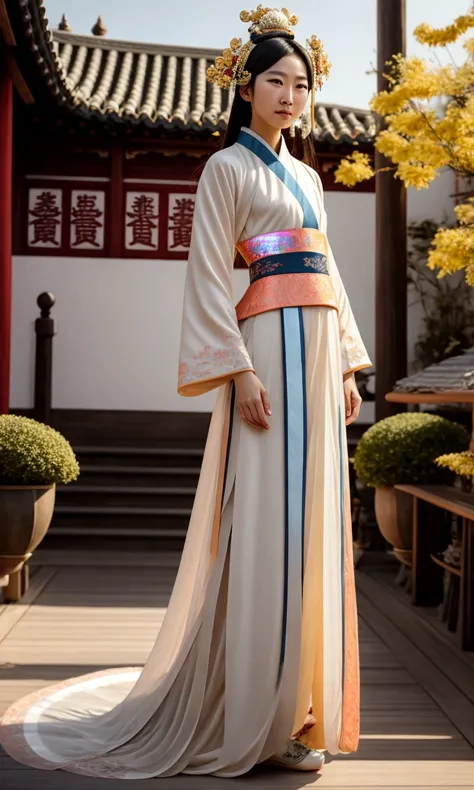 ((full body shot)) photo of beautiful chinese concubine in hanfu, with a brilliant, impossible striking headpiece, dramatic studio lighting, (((iridecent))),(((holographic))), mirrors, trending on ArtStation, CGSociety, Intricate, High Detail, Sharp focus, dramatic, photorealistic painting art by greg Rutkowski, chinese ancient city background