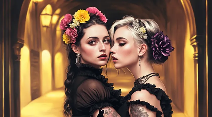 a detailed painting of girls with sprigs and flowers in her hair. wearing corset frills, inspired by Alexander Bogen, Greg Rutkowski. black-white-pink-silver-yellow colors, full dynamic color, close up character, intricate punk woman with runic face tattoos, kiss, hug, kissing breasts, short blonde hair, in a shadowed archway, medieval, urban, alley, night