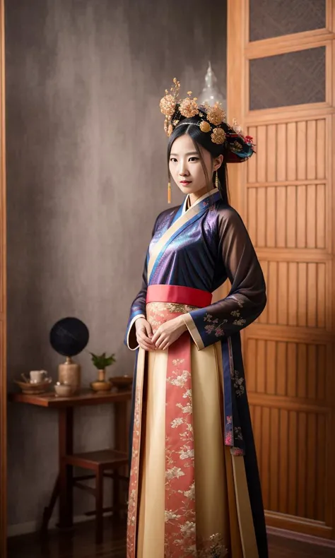 ((full body shot)) photo of beautiful chinese concubine in hanfu, with a brilliant, impossible striking headpiece, dramatic studio lighting, (((iridecent))),(((holographic))), mirrors, trending on ArtStation, CGSociety, Intricate, High Detail, Sharp focus, dramatic, photorealistic painting art by greg Rutkowski, chinese ancient city background