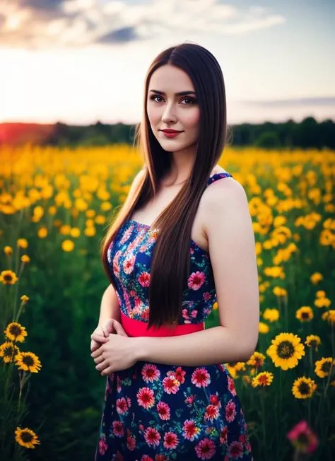 analog proto, beautiful young 30 yo slavik woman standing in a field of colourful flowers, summer, beautiful lighting, (photorealistic, sharp focus), ultra detailed