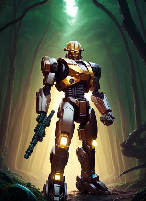 Bionicle, (Arnold Tsang, Toru Nakayama), Masterpiece, Studio Quality, 6k , toa, toaair, 1boy, glowing, axe, mecha, science_fiction, solo, weapon, jungle , green_background, nature, outdoors, solo, tree, weapon, mask, dynamic lighting, detailed shading, digital texture painting