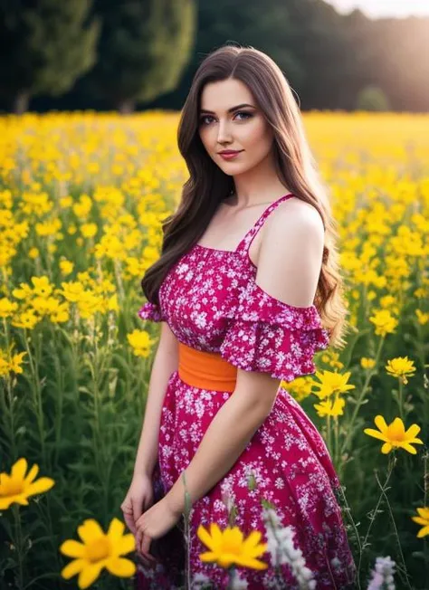 analog proto, beautiful young 30 yo slavik woman standing in a field of colourful flowers, summer, beautiful lighting, (photorealistic, sharp focus), ultra detailed