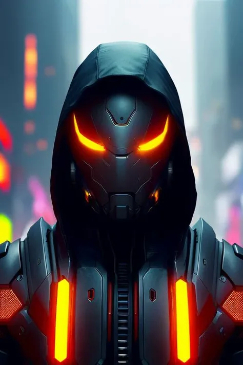 bladerunner, cyberpunk, angled facial portrait of a bone ceramic caliente mech humanoid robot Spanish ninja with an attractive bald head and handsome features, hooded, large glowing eyes, macho, piroca, dotado, guapo, reflective surface, overwatch, trending on cgsociety, trending on artstation