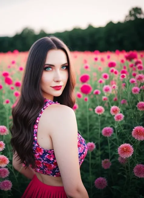 analog proto, beautiful young 30 yo slavik woman standing in a field of colourful flowers, summer, beautiful lighting, (photorealistic, sharp focus), ultra detailed