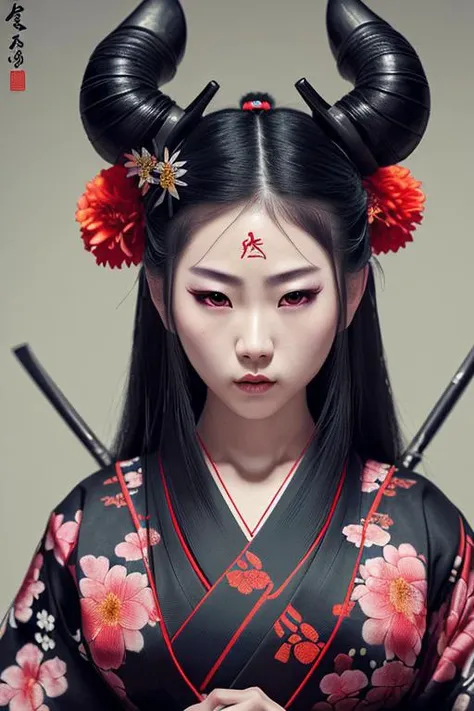 girl,samurai,(traditional_media,illustration:1.2),flowers in hair,kimono,wielding katanas,(oni, horns, detailed_eyes),fighting_pose ,(masterpiece,detailed,highres,cinematic,atmospheric:1.4)