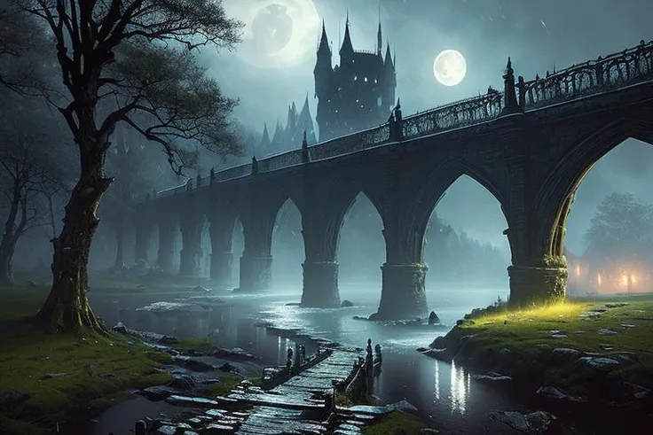 by jakub rozalski, path through the edge of a beautiful forest to the old Gothic vampire castle the night moon, a bridge over a river and a medieval village, dark fantasy style, particles, lines, wind, concept art, sharp focus, vivid colors