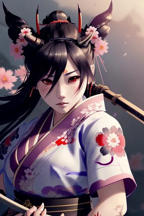 girl,samurai,(traditional_media,illustration:1.4),flowers in hair,kimono,wielding katana,normal_breasts,(oni, horns, detailed_eyes),fighting_pose ,(masterpiece,detailed,highres,cinematic,atmospheric:1.4), (hotify:0.6)