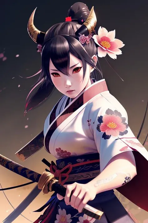 girl,samurai,(traditional_media,illustration:1.4),flowers in hair,kimono,wielding katana,normal_breasts,(oni, horns, detailed_eyes),fighting_pose ,(masterpiece,detailed,highres,cinematic,atmospheric:1.4), (hotify:0.6)