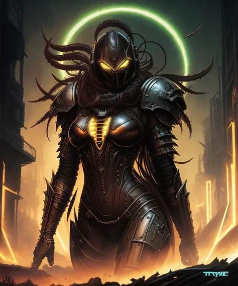 <rayne-weynolds>, <dan-mumford>::
detailed fearsome giger alien, dark fantasy, dynamic pose, sitting female warrior::
(bio-mechanical alien) drenched in black goo, intimidating, menacing, powerful, low angle, horror, inspired by hr giger and warhammer 40k power armor::
digital painting by Tsutomu Nihei, dark, grungy, luis royo inspired. MTG card art, dynamic pose, glowing veins