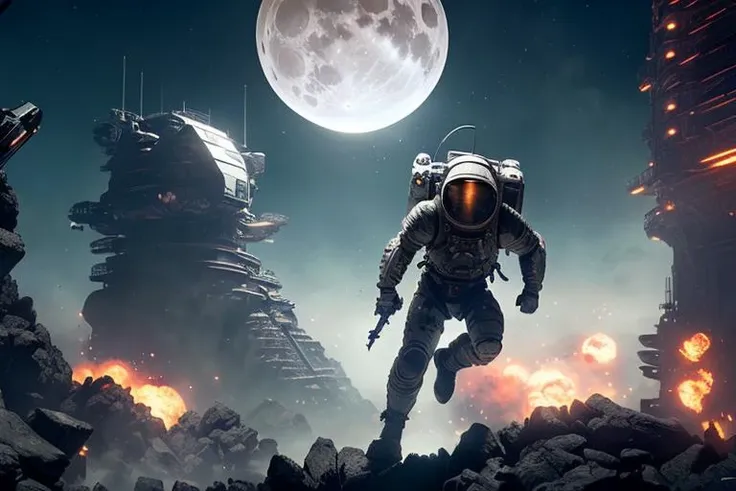 sc-fi,Intricate dynamic action shot of Huge weapons on the moon, wide angle, cinematic Alessandro Casagrande, Greg Rutkowski, Sally Mann, concept art, sc-fi, 2 atmosphere,detailed face and eyes,Masterpiece, best quality, highly detailed photo:1, 8k, detailed face,photorealistic background explosions