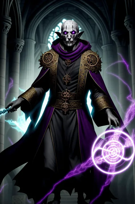 (undead:0.85) litch sorcerer goblinoid with magic energy swirling around him, rotting flesh, glowing arcane runes etched into ornate robes, cathedral, ethereal spirits