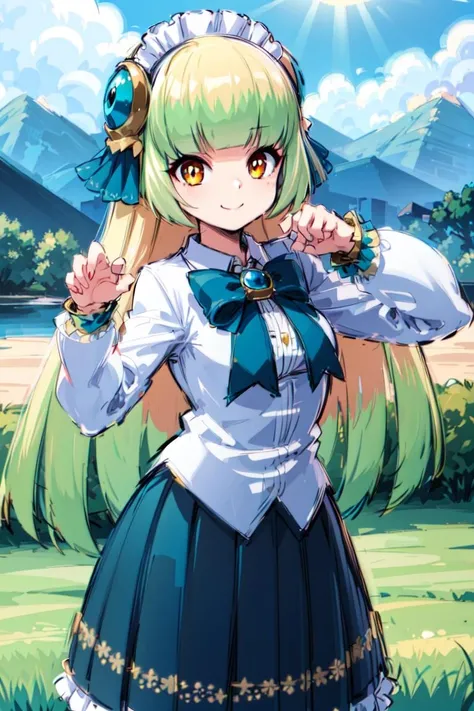 yue zi,1girl,solo,skirt,smile,outdoors,white shirt,bow,long sleeves,green skirt,blunt bangs,bowtie,closed mouth,green bow,pleated skirt,green bowtie,collared shirt,cowboy shot,frilled hairband,<lora:ï¼äººç© é»ç°æå ä»é¶å¼å§äºè§£æ¸¸æçocgï¼:0.8>,((messy hair)),(grassland),incredibly absurdres,floating hair,Large number of environments,the medieval,grace,prospect,water eyes,wind,breeze,god ray,lawn,Mountains and lakes in the distance,The sun shines through the trees,A vast expanse of grassland,(claw pose:1.1),on side,, (masterpiece), (best quality), HDR, intricate detail,