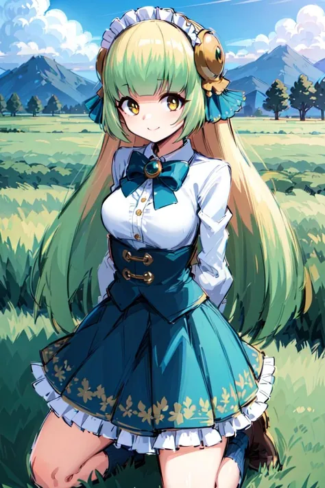 yue zi,1girl,solo,skirt,smile,outdoors,white shirt,bow,long sleeves,green skirt,blunt bangs,bowtie,closed mouth,green bow,pleated skirt,green bowtie,collared shirt,cowboy shot,frilled hairband,<lora:ï¼äººç© é»ç°æå ä»é¶å¼å§äºè§£æ¸¸æçocgï¼:0.8>,arms behind back,((messy hair)),(grassland),incredibly absurdres,floating hair,Large number of environments,the medieval,grace,prospect,water eyes,wind,breeze,god ray,lawn,Mountains and lakes in the distance,The sun shines through the trees,A vast expanse of grassland,(kneeling:1.1),, (masterpiece), (best quality), HDR, intricate detail,