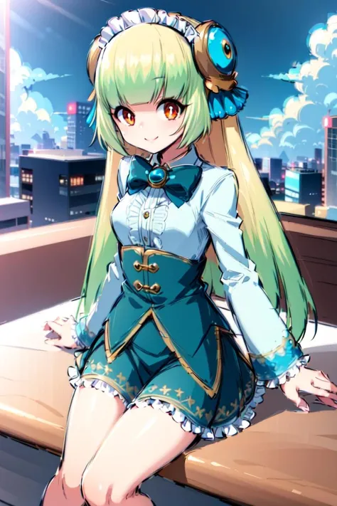 yue zi,1girl,solo,skirt,smile,outdoors,white shirt,bow,long sleeves,day,green skirt,sky,blunt bangs,bowtie,closed mouth,green bow,pleated skirt,green bowtie,collared shirt,cowboy shot,frilled hairband,<lora:yue zi_é»ç°æå1:1>,sitting_on_rock,, (masterpiece), (best quality), HDR, intricate detail,