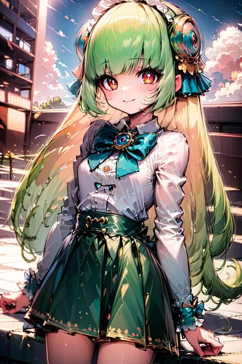 yue zi,1girl,solo,bow,long hair,shirt,bowtie,blue bowtie,white shirt,long sleeves,blunt bangs,green skirt,bright pupils,poor milk,brooch,naughty face,<lora:yue zi_é»ç°æåv1:0.8>,upper_body,indoor pool,moon,, (masterpiece), (best quality), HDR, intricate detail,