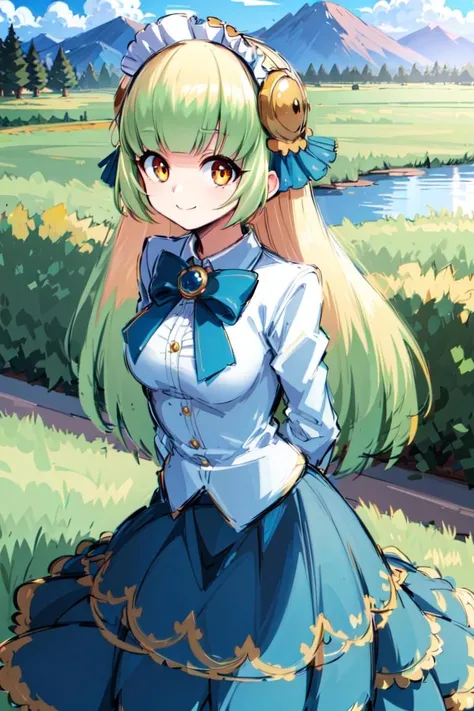 yue zi,1girl,solo,skirt,smile,outdoors,white shirt,bow,long sleeves,green skirt,blunt bangs,bowtie,closed mouth,green bow,pleated skirt,green bowtie,collared shirt,cowboy shot,frilled hairband,<lora:ï¼äººç© é»ç°æå ä»é¶å¼å§äºè§£æ¸¸æçocgï¼:0.8>,arms behind back,((messy hair)),(grassland),incredibly absurdres,floating hair,Large number of environments,the medieval,grace,prospect,water eyes,wind,breeze,god ray,lawn,Mountains and lakes in the distance,The sun shines through the trees,A vast expanse of grassland,(kneeling:1.1),, (masterpiece), (best quality), HDR, intricate detail,