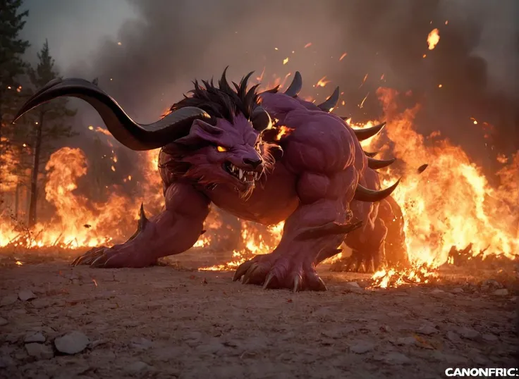 <lora:Final_Fantasys_Behemoth_XL:0.9> behemoth a beast with long horns,  at the battlefield, in epic battle, surrounded by fire, 3d render, (masterpiece), best quality, highres, 4k, 8k, cinematic lighting, amazing quality, amazing shading, soft lighting, 35mm, analog style, a realistic photo, film grain, (photorealistic:0.6), taken by a canon eos r5