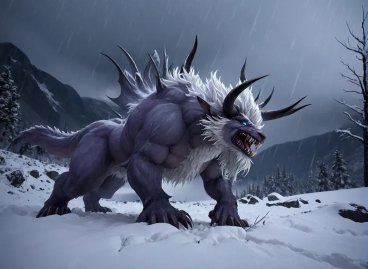 <lora:Final_Fantasys_Behemoth_XL:0.9> white behemoth a beast with long horns, at snowy peaks, hail storm, (masterpiece), best quality, highres, 4k, 8k, cinematic lighting, amazing quality, amazing shading, soft lighting, gloomy colors, dark aura, horror