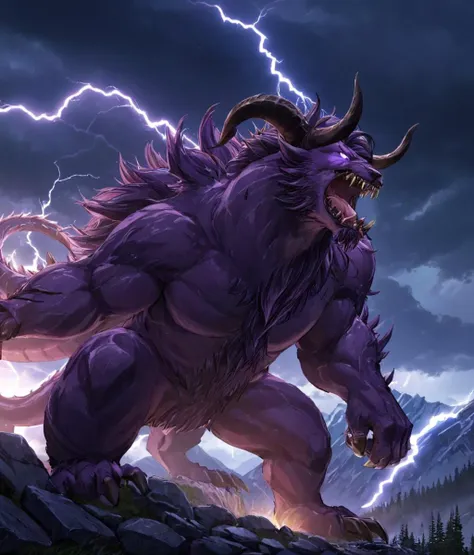 <lora:Final_Fantasys_Behemoth_XL:0.9> behemoth a beast with long horns, at rocky mountains with lightning, (masterpiece), best quality, highres, 4k, 8k, cinematic lighting, amazing quality, amazing shading, soft lighting, Illustration, official artwork, anime style, wallpaper, official art