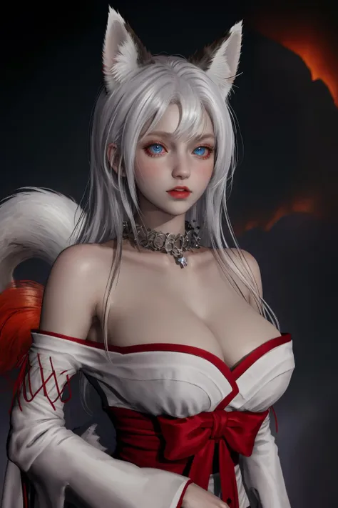 masterpiece,best quality,extremely detailed 8K wallpaper,white hair,long hair,
upper body,1girl,foxdress,bare shoulders,cleavage,heterochromia,glowing eyes,japanese clothes,animal ears,fox tail,
forest,