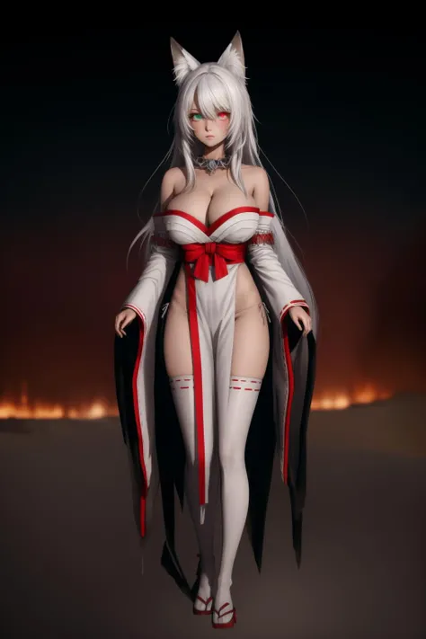 masterpiece,best quality,extremely detailed 8K wallpaper,white hair,long hair,
looking at viewer,1girl,foxdress,bare shoulders,cleavage,heterochromia,glowing eyes,japanese clothes,animal ears,full body,
horror \(theme\),full body,