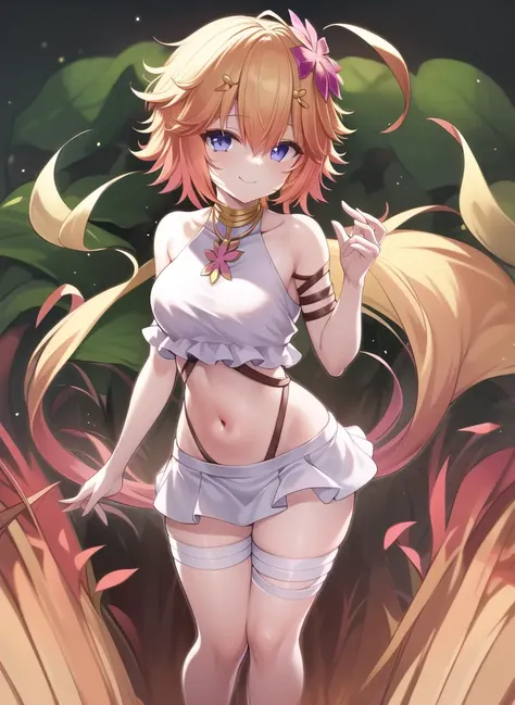 <lora:traptrixpudica:0.8>traptrixpudica,white short skirt,navel,standing,smile,solo, 1girl,forest background, full body,masterpiece,solo,beautiful detailed eyes,finely detail,detailed face,vivid color,5 fingers,finely detailed,hyper detailed,detailed hand,8k,finely detailed beautiful eyes,high resolution illustration,best quality,