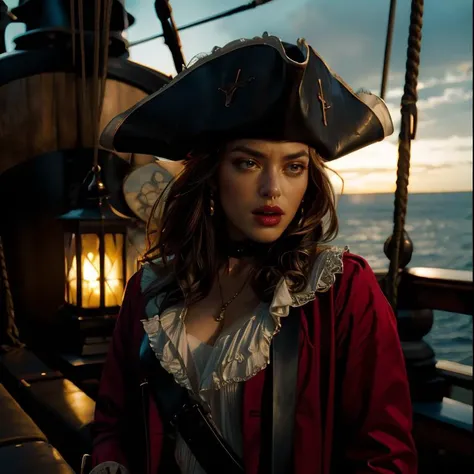 dramatic lighting, highest quality, Cinematic film still, (attractive Anne Bonny, wearing dirty tattered pirate attire, standing on the deck of pirate ship docked at Caribbean port), grimy, dark atmosphere, toned body, (ripped clothing:0.8), perfect face, looking at viewer, (detailed skin), [tattoos], [freckles], ((dirty)), (muddy), (storm clouds:0.7), (stormy weather:0.5), dull, natural lighting, (direct light:0.4), 8mm film grain, photographed on a Sony a9 II, 24mm lens, F/2.8 aperture, deep focus, (RAW), 8k, (still from The Lost Pirate Kingdom)