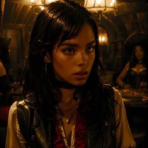 (masterpiece:1.2), (best quality,:1.2), 8k, ultra detailed, ((photorealistic)), fantasy, professional light, cinematic lighting, ambient lighting, face lighting, Havana, <lora:Havana-10:1>, 30 years old, as pirate goddess, choker, necklace, earrings, dark lipstick, long and messy black hair, (portrait shot), dynamic pose, in a seedy pirate tavern, <lora:pirates_of_the_caribbean_offset:1>, Pirates of the Caribbean, black underbust leather corset, red leather vest, white blouse with ruffles, red bandana