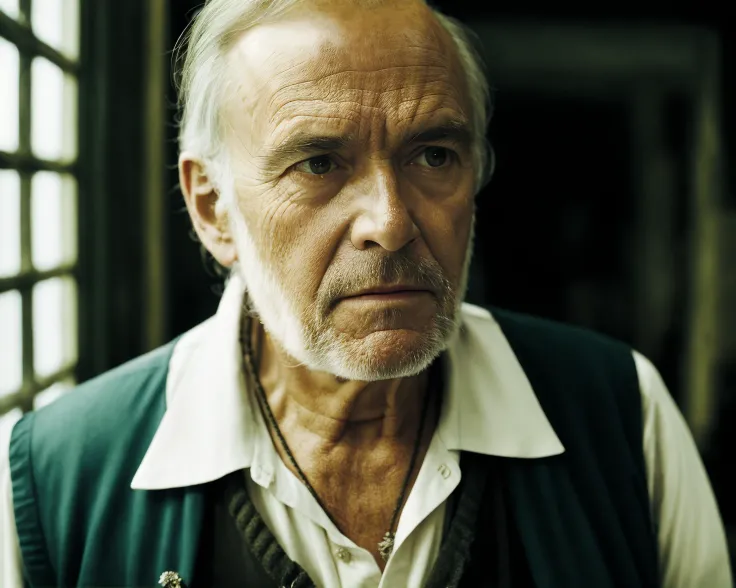 from pirates of the caribbean <lora:pirates_of_the_caribbean_offset:1>, realistic, a portrait photo of a old man, white shirt, indoors