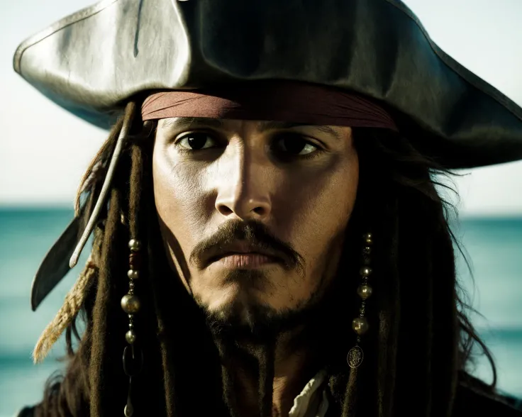 from pirates of the caribbean <lora:pirates_of_the_caribbean_offset:1>, realistic, a portrait photo of a the pirate Jack Sparrow