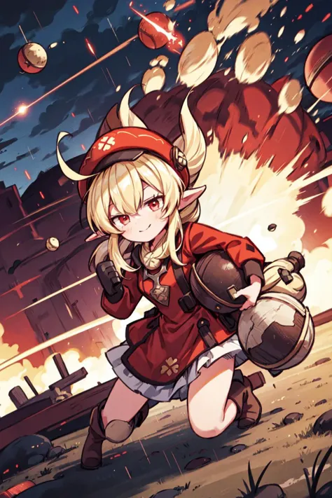 1girl, solo, evil smile, dynamic pose, holding a bomb, it's raining bombs, red round bombs, explosions, <lora:Adult_Klee_Genshin:0.7>, Adult_Klee_Genshin, pointy ears, red hat, blonde, outdoors, medieval town, <lora:add_detail:0.7>,