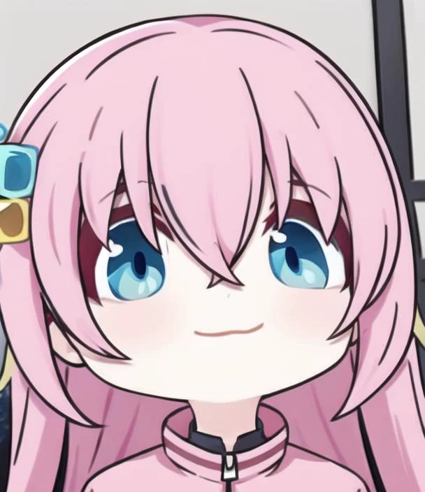 no out of frame,(((full head))),<lora:Blue Archive cute Chibi Style:0.7>,masterpiece,best quality,1girl,kiara,chibi style,<lora:bocchi_style_offset:0.9>,1girl,blue eyes,((cube hair ornament , right)),hair between eyes,hair ornament,hair over eyes,jacket,long hair,one side up,light smile,pink hair,pink jacket,solo,track jacket,zipper,indoors,((masterpiece)),((masterpiece)),